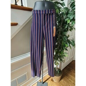 Harper Women's Blue Striped Cotton Straight Legs Mid Rise Standard Dress Pant